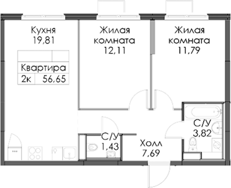 2-комнатная квартира 56.65 м², 7/12 эт., ЖК «Таллинский парк»